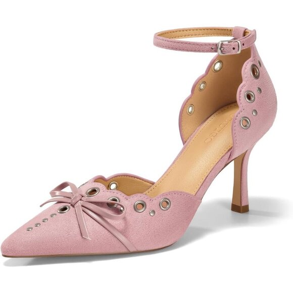 ⭐ Coutgo Women's Stiletto Heels – Pointed Toe Bow Tie Ankle Strap Studded Pumps - Picture 1 of 6
